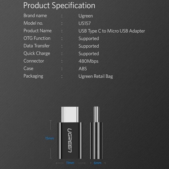 Адаптер Ugreen US157 USB-C to Micro USB Adapter (30391) черный