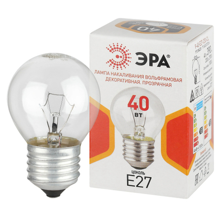 Лампочка ЭРА P45 40Вт Е27 / E27 230В накаливания шар прозрачный