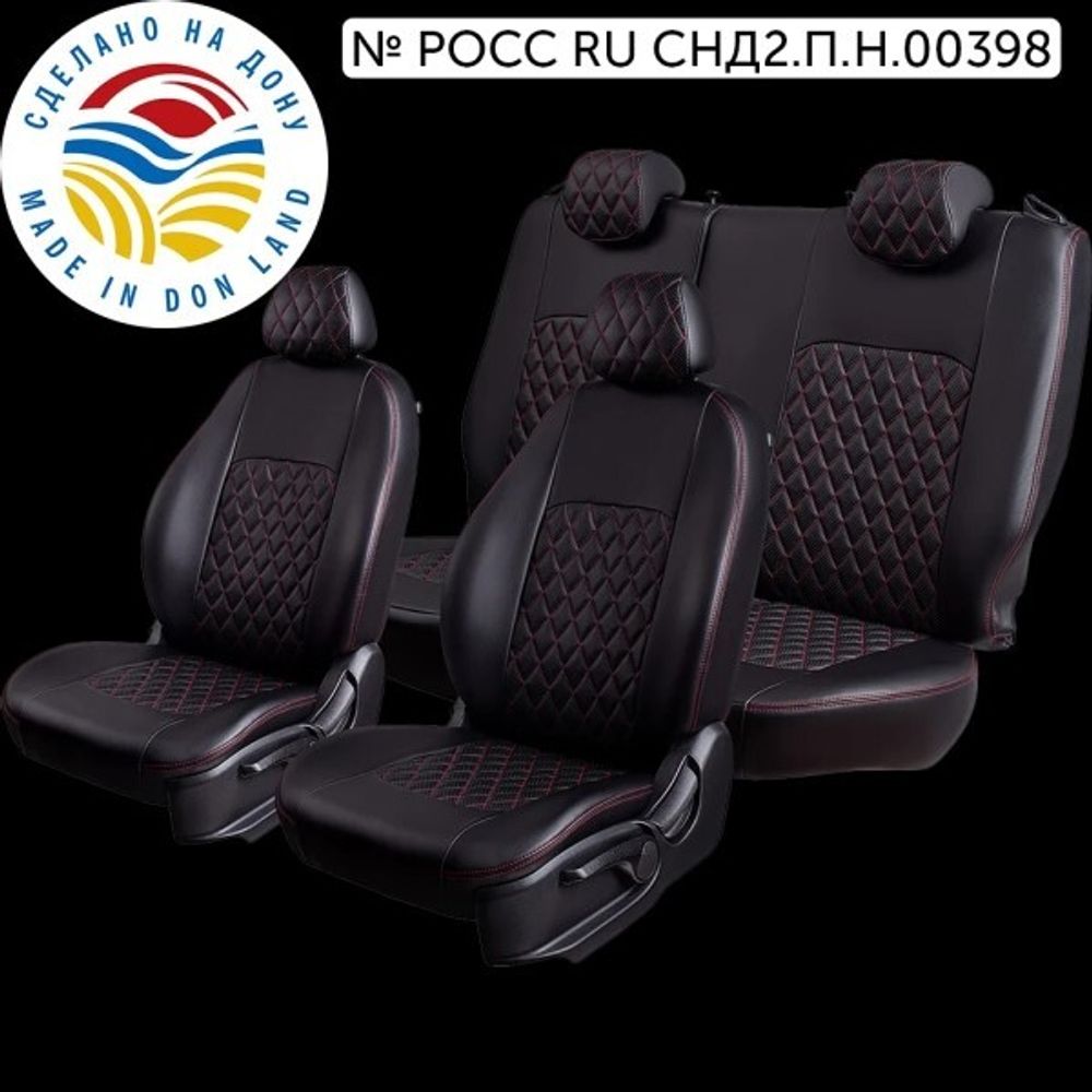Чехлы на сиденье /2111, 2112, 2172/ 03.2007-07.2014г. 60/40 2П+2Г Турин ст Ромб Экокожа черная/красная нить (разд.зад.сп (LORD AUTO)