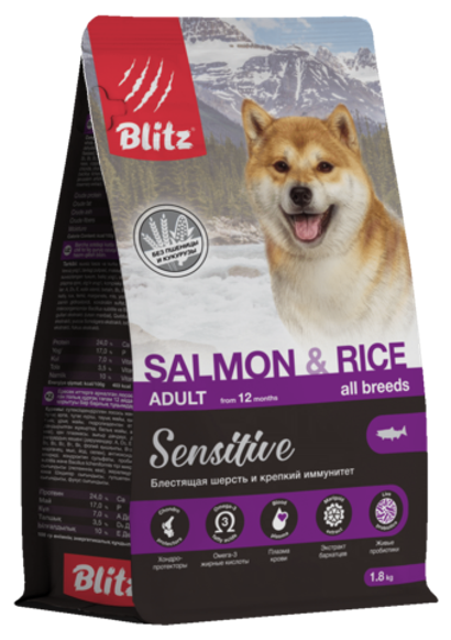 Сухой корм для собак Blitz Sensitive Salmon & Rice Adult Dog All Breeds лосось и рис, 1,8 кг