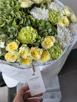 Букет из кустовых пионовивидных роз, лизиантуса, маттиолы, гортензии и диантусов