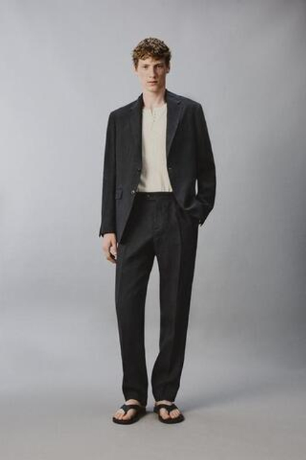 ZARA КЛАССИЧЕСКИЕ КОСТЮМНЫЕ БРЮКИ ИЗ 100% ЛЬНА, МОРСКОЙ ТЕМНО-СИНИЙ