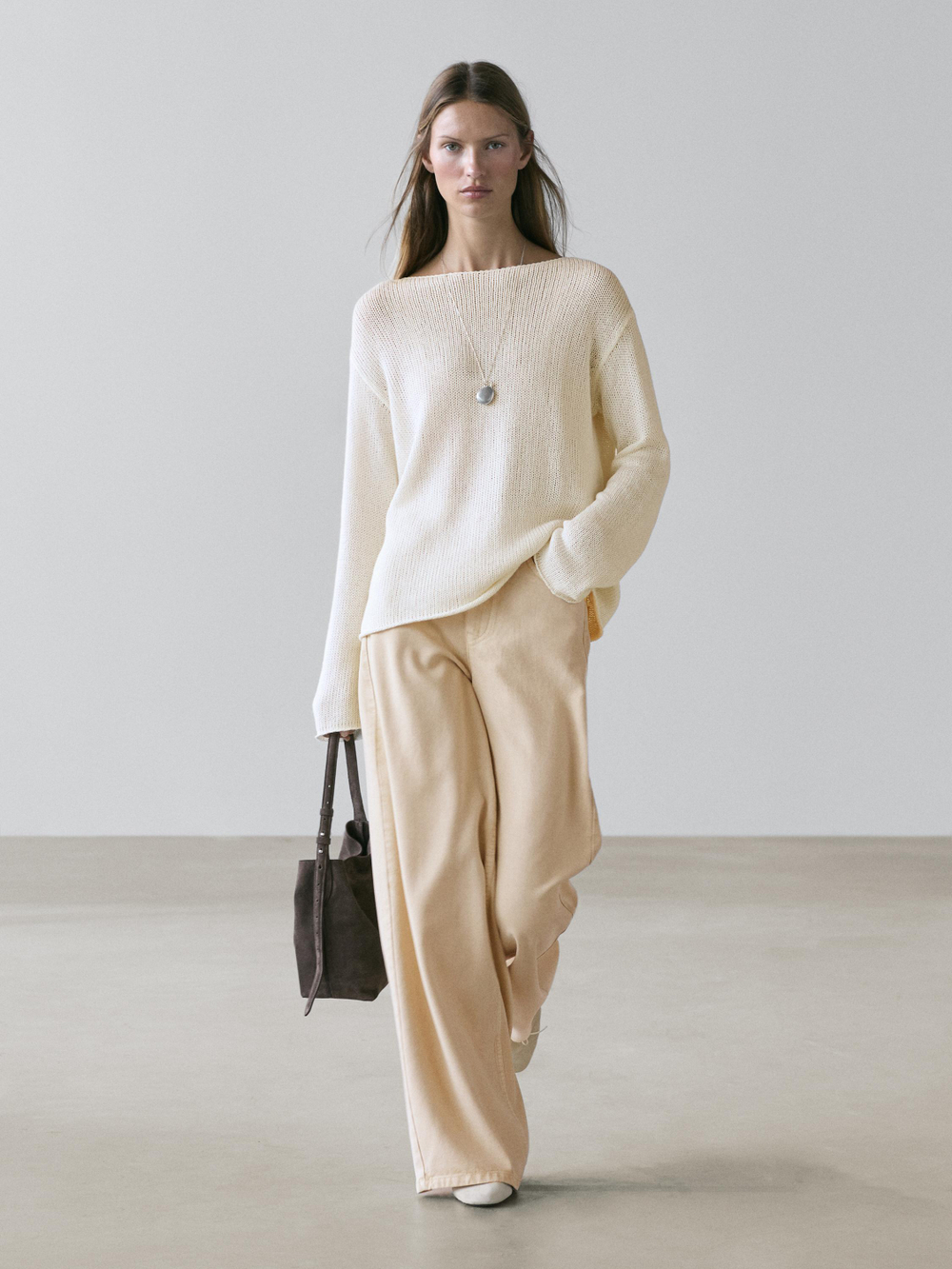 Massimo Dutti Свитер из смесового хлопка с ажурным узором, натуральный/кремовый