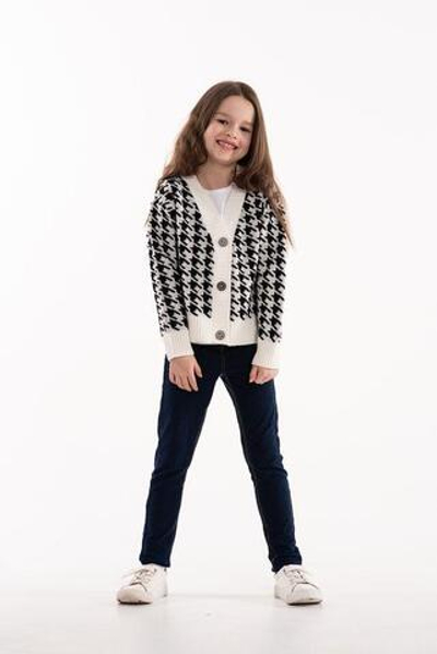 Кардиган для девочек "Гусиная лапка" р-р 98-104, белый/черный 2213/1