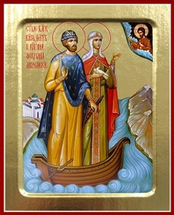 Икона Петра и Февронии Муромских, благоверных (в ладье) на дереве: 125 х 160 (Синопсисъ)