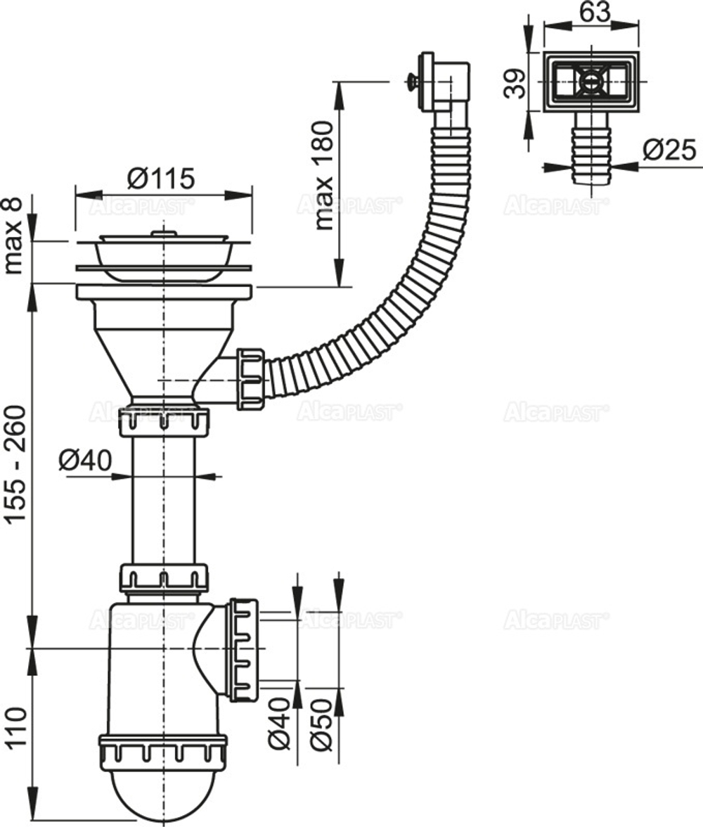 Сифон для мойки AlcaPlast A447-DN50/40