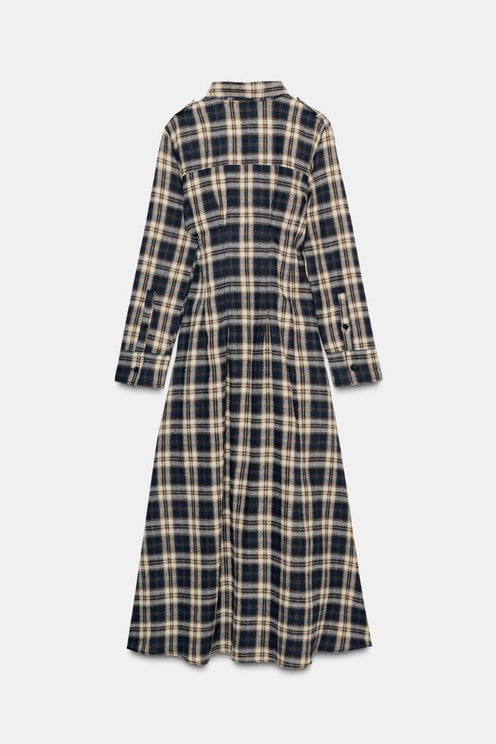 ZARA ПЛАТЬЕ МИДИ В КЛЕТКУ СО СКЛАДКАМИ, КОРИЧНЕВО-СИНИЙ