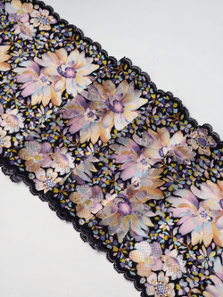 Эластичное кружево черное с мультиколор ширина 21 см