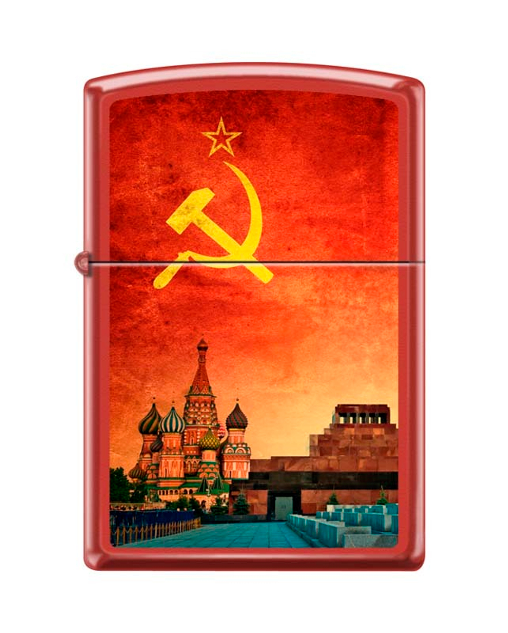 Легендарная классическая американская бензиновая широкая зажигалка ZIPPO Classic Red Matte Chrome™ Полноцветное изображение панорамы Москвы красная матовая из латуни и стали ZP-233 SOVIET DESIGN