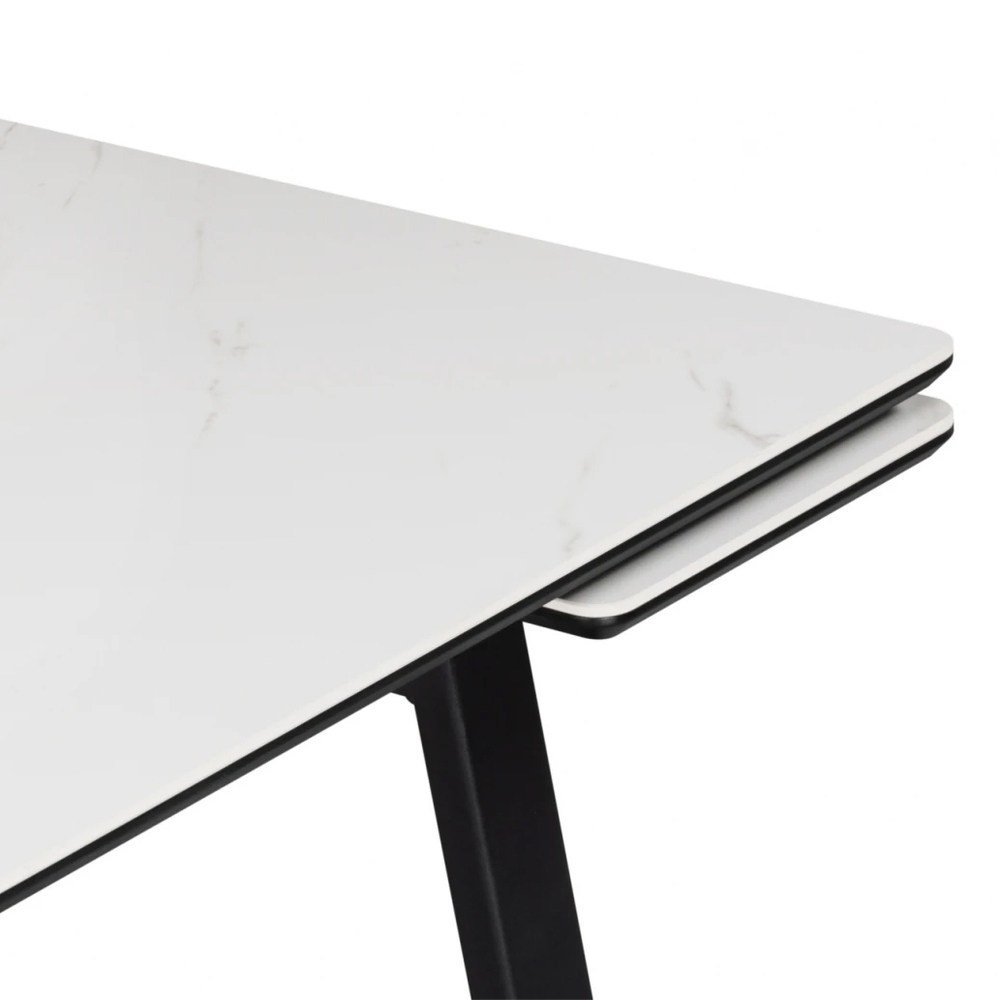 Керамический стол Woodville Джек 140(200)х80 белый мрамор alpin white, черный, ножки черные