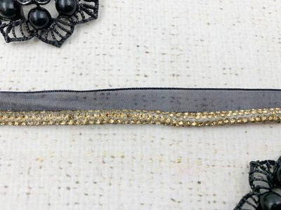 Кант на органзе со стразами ш. 1 см, d 0,5 см, чёрный с золотом AB