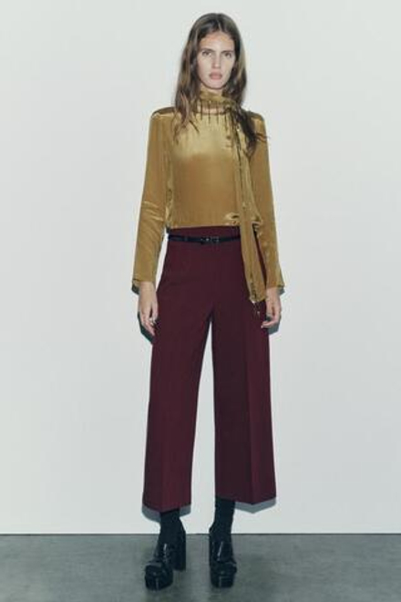 ZARA БРЮКИ-КЮЛОТЫ ИЗ КОЛЛЕКЦИИ ZW С ПОЯСОМ, ЦВЕТ БУРГУНДСКОГО ВИНА
