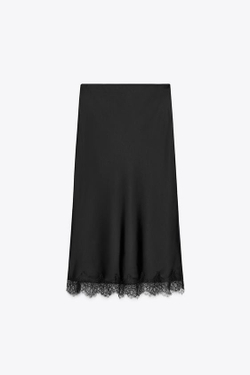 ZARA АТЛАСНАЯ ЮБКА МИДИ С КРУЖЕВОМ, ЧЕРНЫЙ