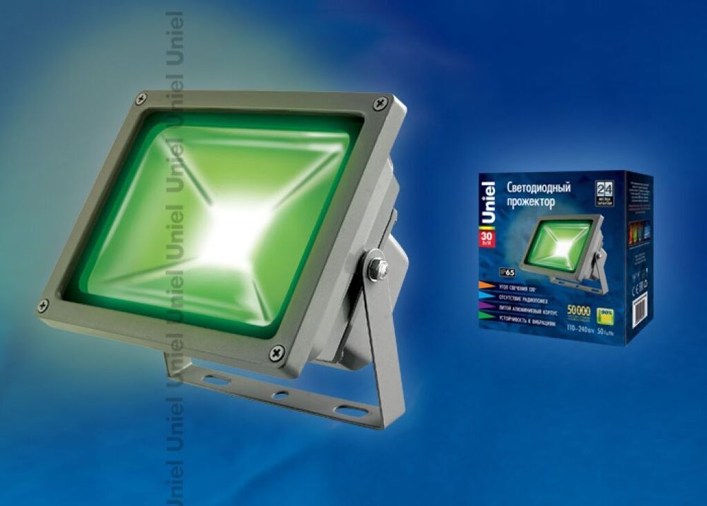 ULF-S01-30W/GREEN IP65 110-240В Прожектор светодиодный. Зеленый свет. Корпус серый. Упаковка картон. TM Uniel.
