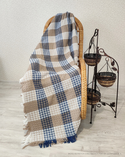 Плед вафельный 200х220, Клетка, Бежевый/Белый/Синий