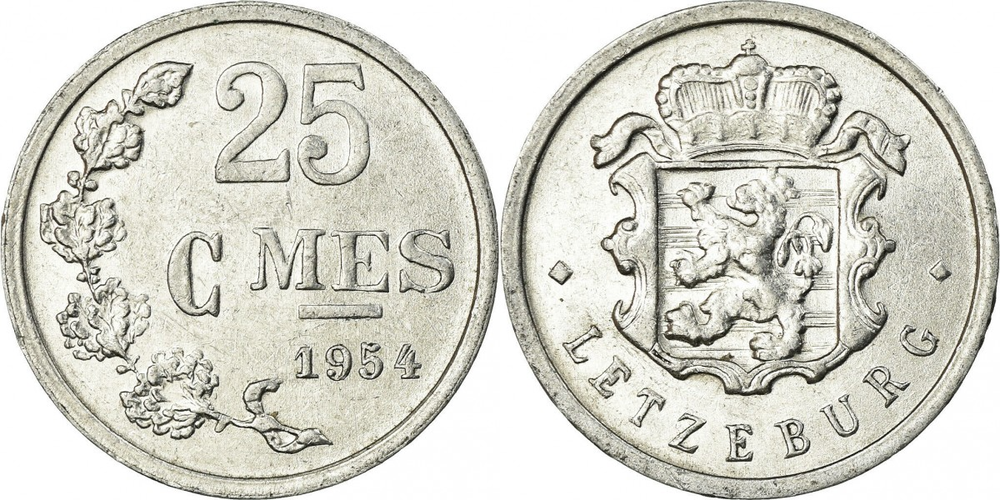 Люксембург 25 сантимов, 1954 - 1972 Герб XF