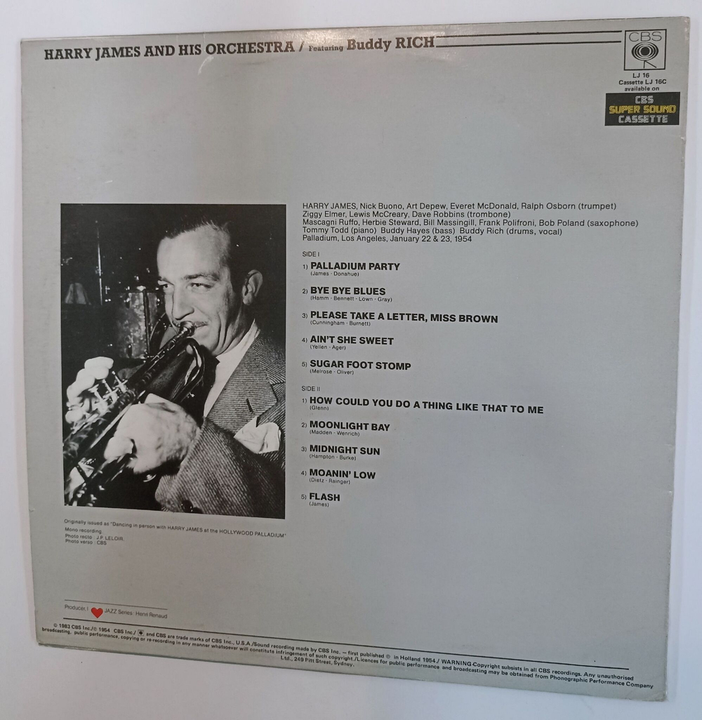 Винтажная виниловая пластинка LP Harry James And His Orchestra Featuring Buddy Rich I Love Jazz (Netherlands 1983)