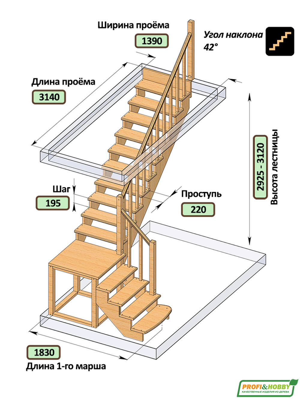 Лестница на второй этаж К-002м/2 Правая c подступенками