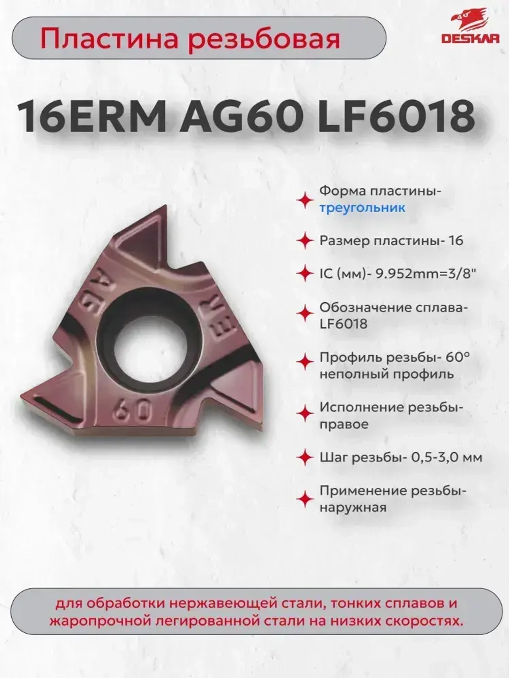 16ERM AG60 LF6018 пластина резьбовая (1 шт.) DESKAR
