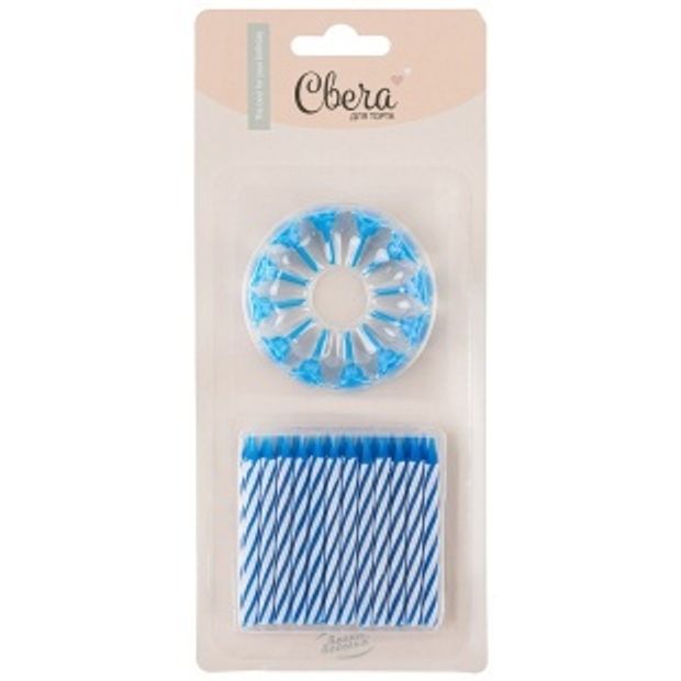 Свечи Белые полоски, Голубой, 6 см, 24 шт. с держат.