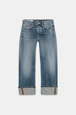 ZARA ДЖИНСЫ TRF ПРЯМОГО КРОЯ С ОТВОРОТАМИ И СРЕДНЕЙ ПОСАДКОЙ, СИНИЙ