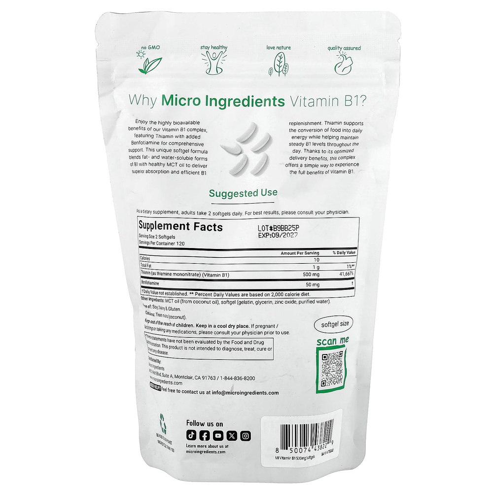 Micro Ingredients, витамин B1 с бенфотиамином, 240 капсул