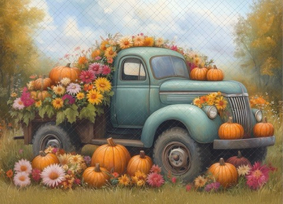 Грузовик с тыквами №1 - фон неопреновый