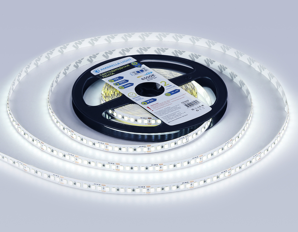 GS1313 2835 180Led/ 14.4W m/ 12V IP20 6500K/ 5000*10*1.2mm (2 конт.)