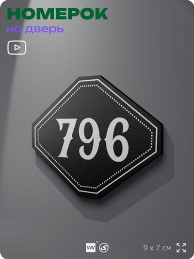 Номерок на дверь квартиры 796, для кабинета, офиса, шильдик 9 х 7 см, черный, Айдентика Технолоджи