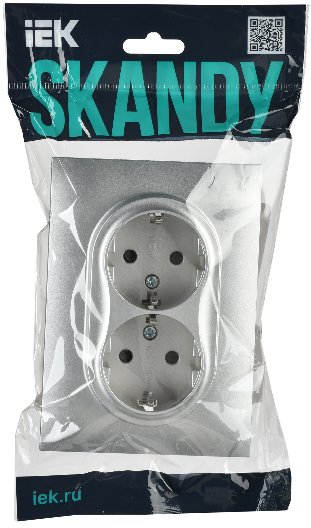 SKANDY Розетка 2-местная с заземлением с защитными шторками 16А в сборе SK-R07S серебряный IEK