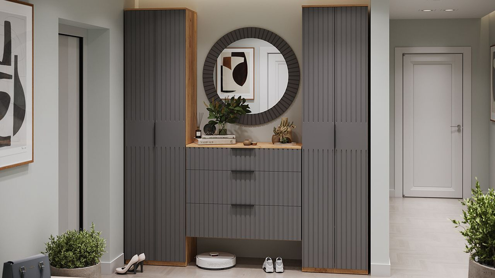 Прихожая с зеркалом комплект мебели Дуб Крафт золотой/Графит матовый 220х43х226 см