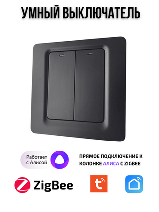 Умный выключатель Tuya ZigBeе для Алисы двухклавишный черный