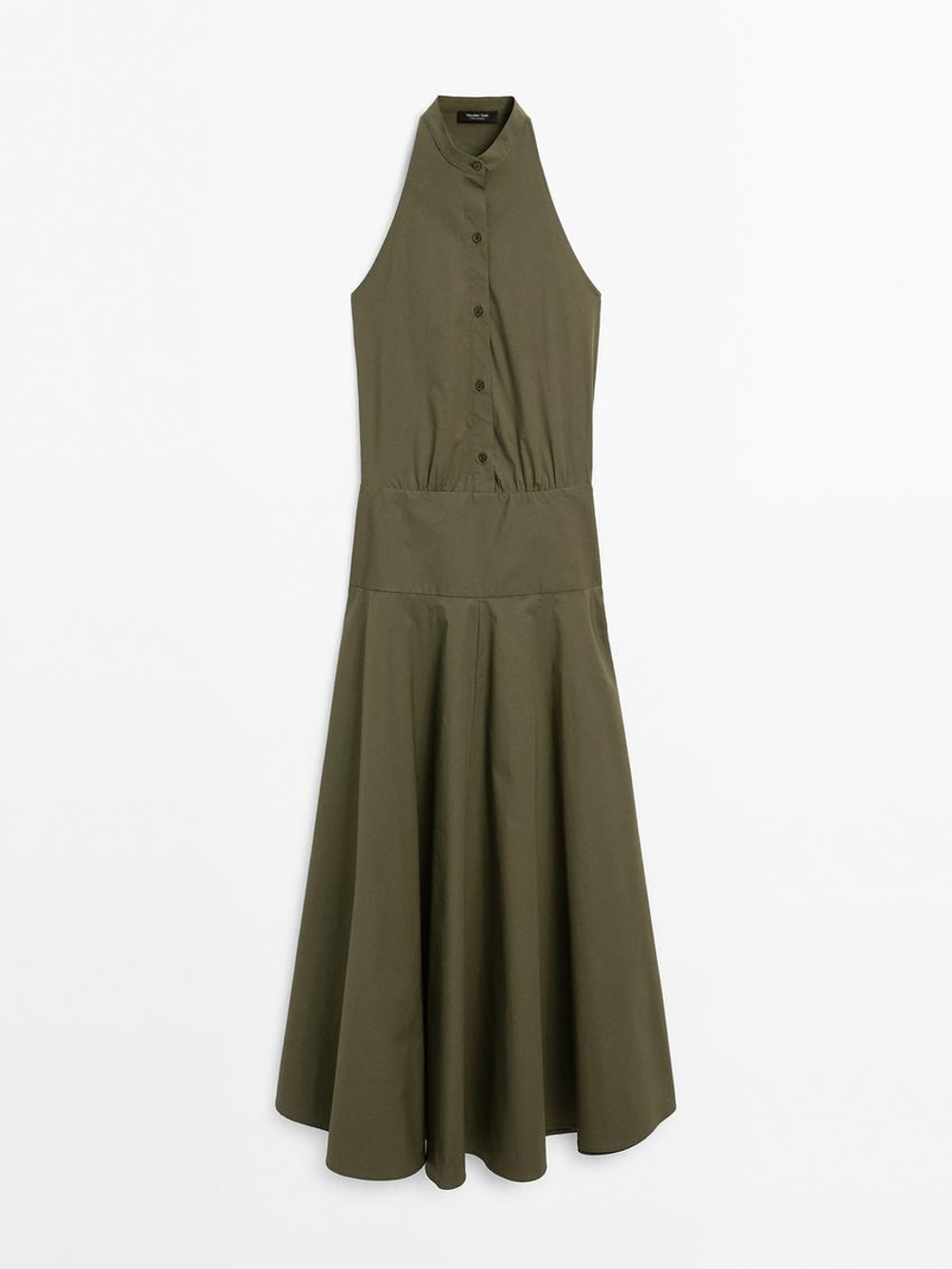 Massimo Dutti Длинное платье с горловиной халтер, бутылочно-зеленый