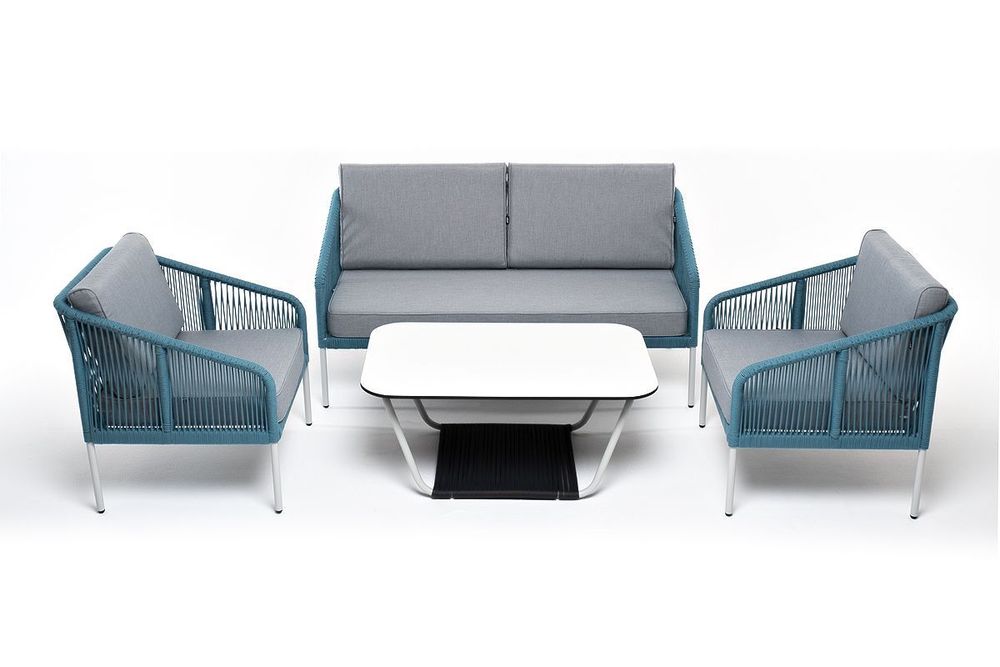 "Канны" лаунж-зона 4-местная из роупа со столом "Гранада" (молочный), каркас алюминиевый светло-серый, роуп бирюзовый