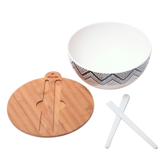 Миска для салата из бамбукового волокна Kamille КМ 4384 с бамбуковой крышкой и приборами