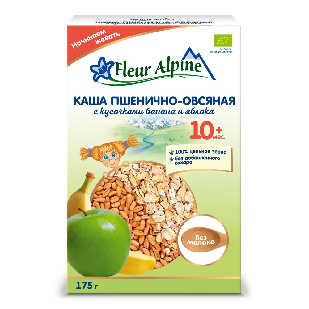 Каша Fleur Alpine безмолочная пшенично-овсяная с кусочками банана и яблок 175г с 10 мес