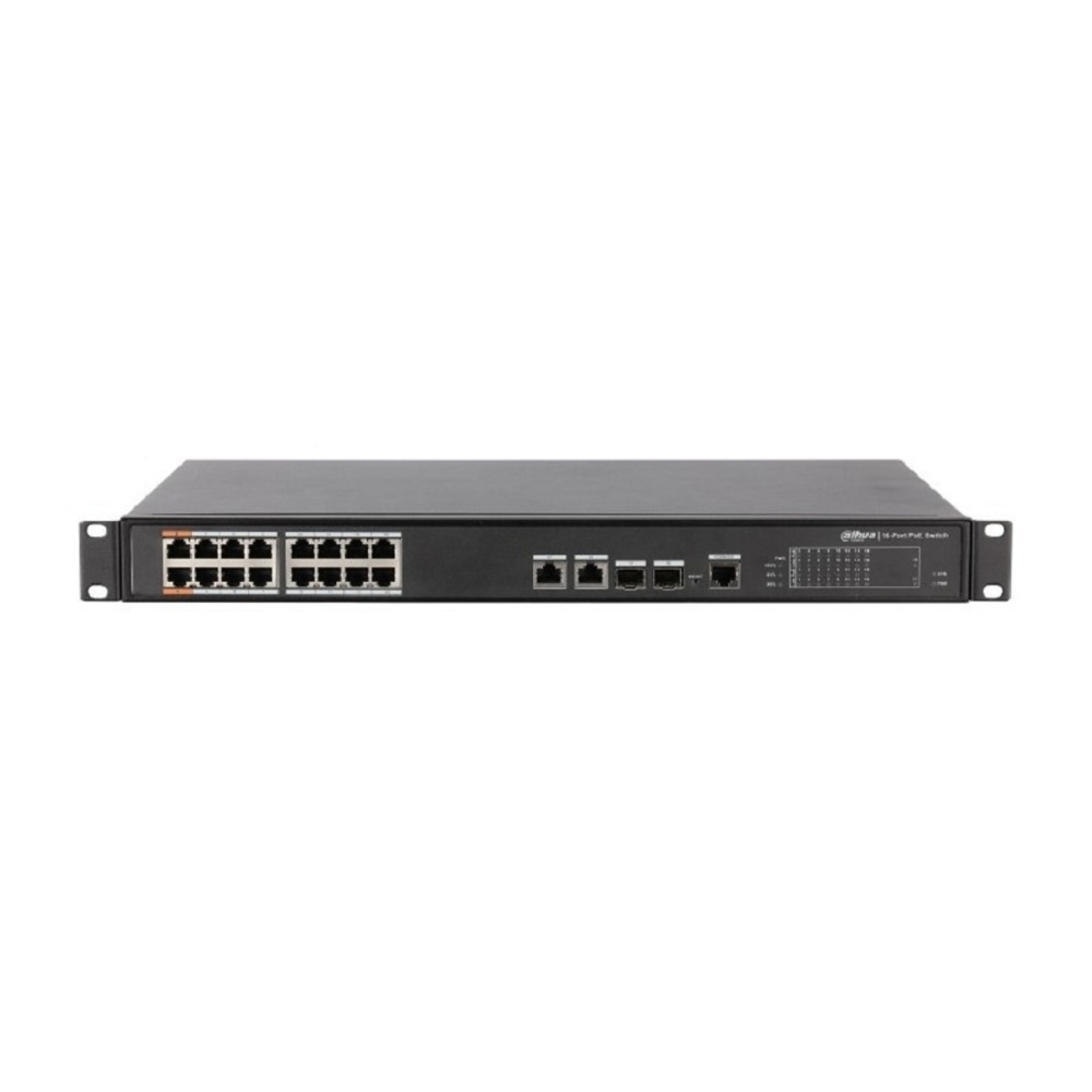 DAHUA DH-PFS4218-16ET-190 18-портовый управляемый коммутатор с РоЕ, уровень L2, 16xRJ45 100Mb PoE, 2хКомбо SFP/RJ45 1Gb uplink, суммарно 190Вт, коммутация 8.8 Гбит/с, MAC-таблица 4К