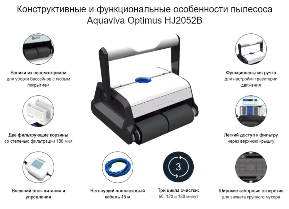 Робот-пылесос для бассейнов площадью до 130м² - дно/стены/ватерлиния, пенный валики - Optimus HJ2052B - AquaViva