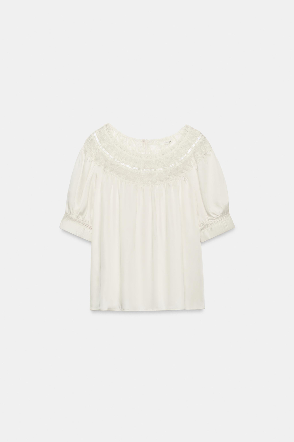 ZARA БЛУЗА С КОРОТКИМИ РУКАВАМИ И КРУЖЕВОМ — ZW COLLECTION, БЕЛЫЙ