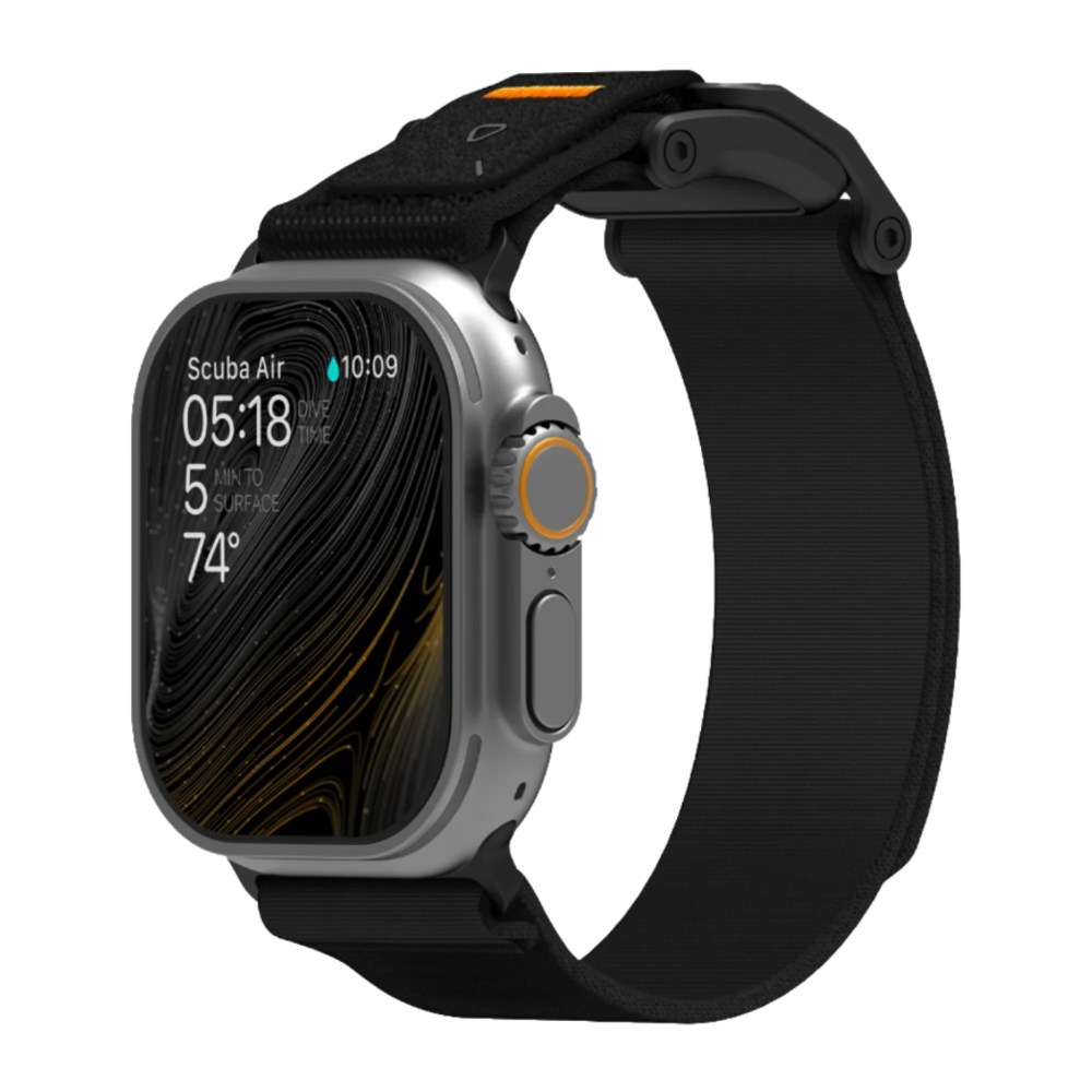 Нейлоновый браслет Aulumu A11 для Apple Watch 44, 45, 46 мм и Ultra 2–3 Браслет в футуристическом стиле с вельветоподобной отделкой, текстильной застёжкой и магнитной пряжкой из нержавеющей стали. На запястье обхватом 145–225 мм