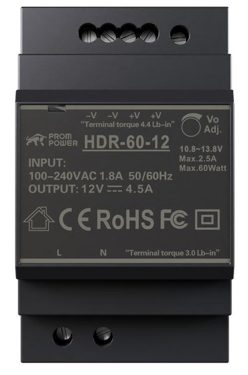 Источник питания PROMPOWER HDR-60-12, на вых. 12 В DC, 4.5А, 54Вт. Вх. 85-264В AC (120-370 В DC)
