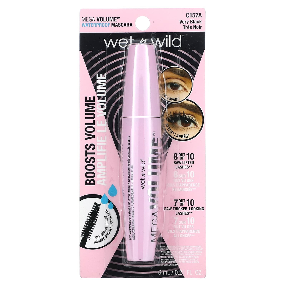 wet n wild, Водостойкая тушь для ресниц Mega Volume, C157A Very Black, 6 мл (0,21 жидк. Унции)