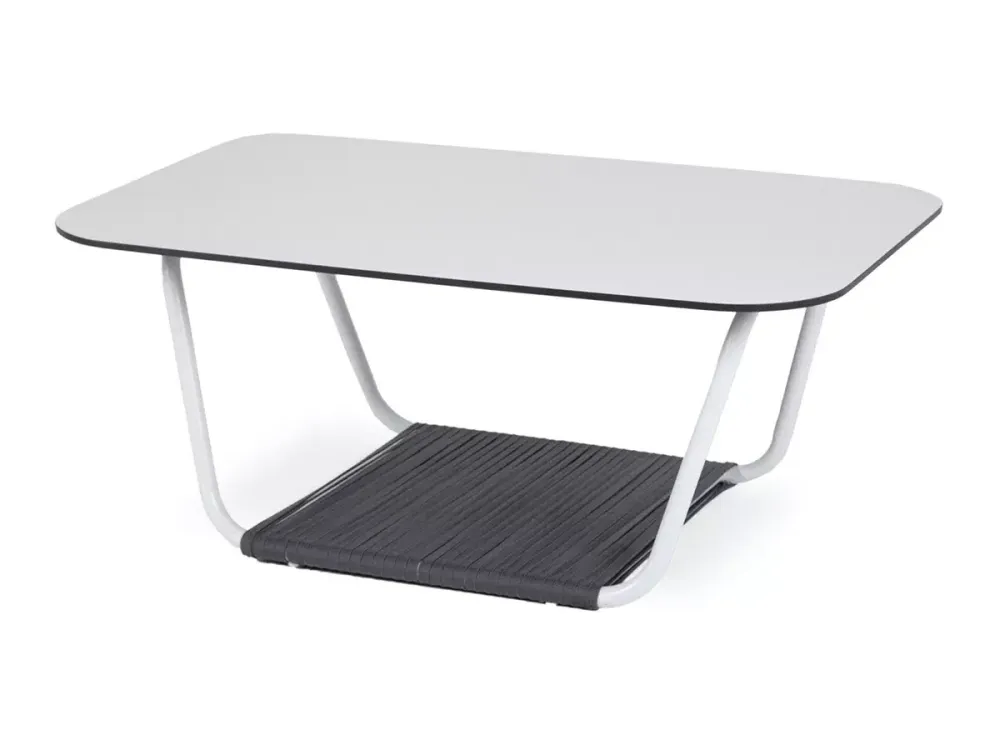 "Гранада" журнальный стол 90х60см из HPL, цвет "молочный", каркас белый муар, роуп темно-серый круглый