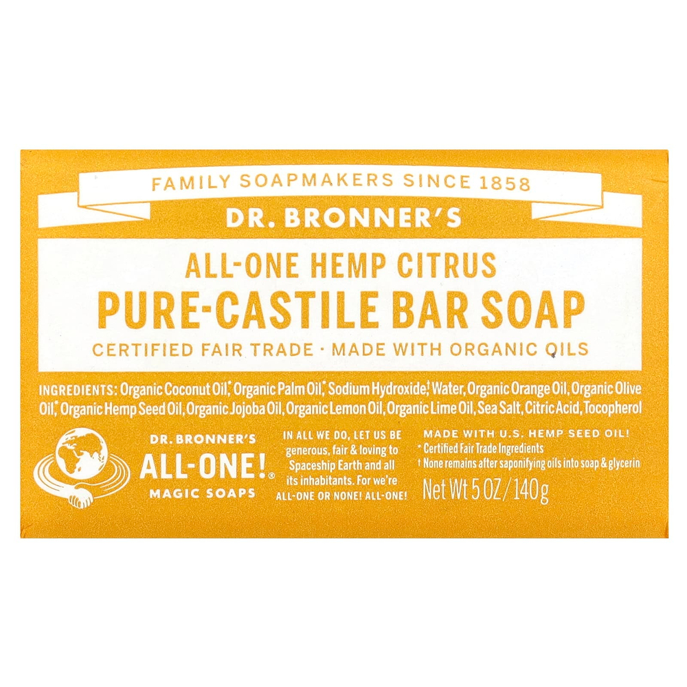 Dr. Bronner's, Чистое кастильское кусковое мыло, конопля и цитрус, 140 г (5 унций)