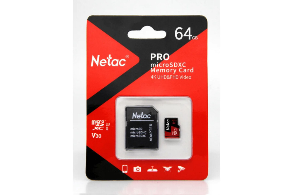 Карта памяти Netac MicroSD P500 Extreme Pro Class 10 UHS-I A1 V30 (100 Mb/s) + SD адаптер, 64GB