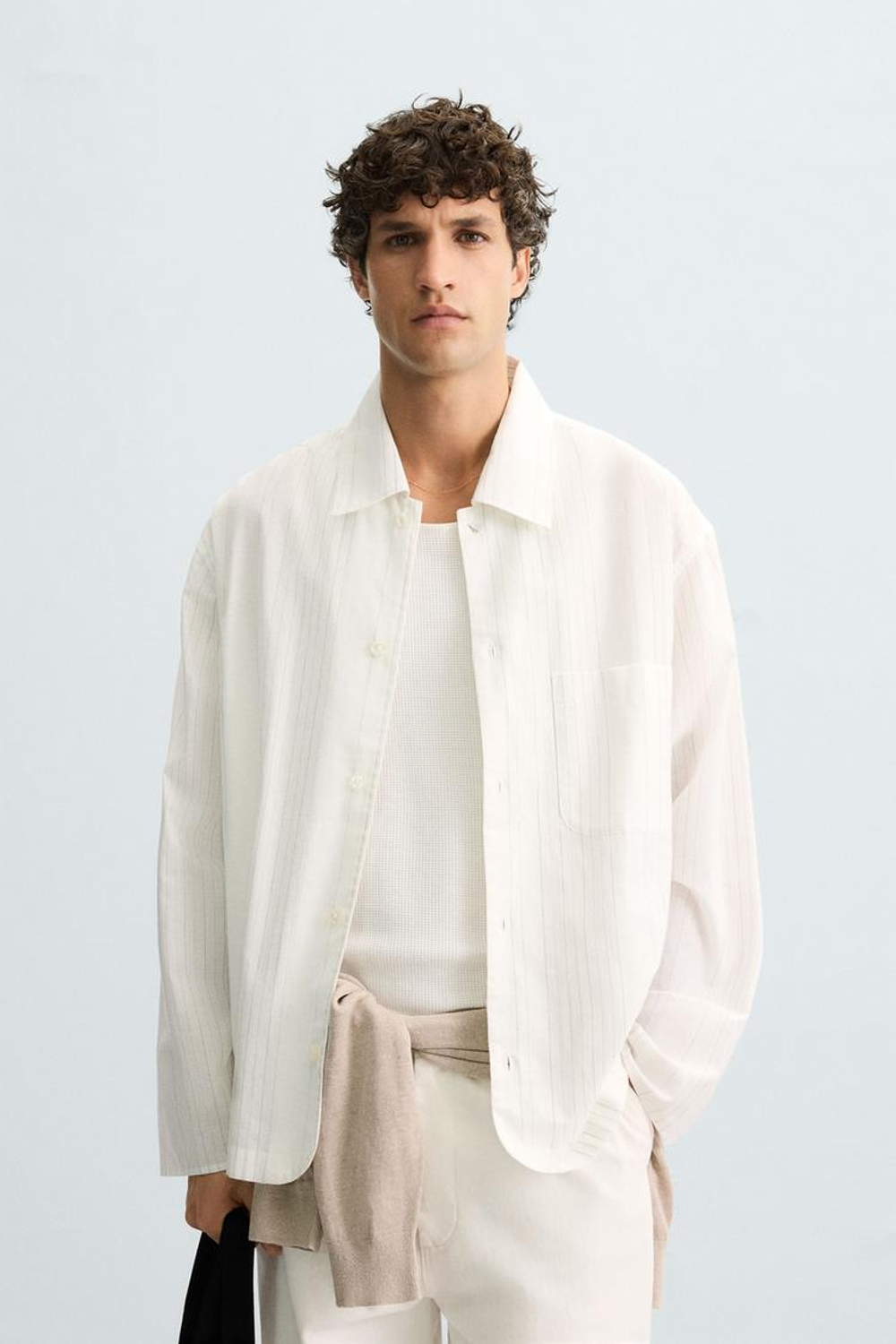 ZARA РУБАШКА ИЗ ТКАНИ В ПОЛОСКУ, БЕЛЫЙ