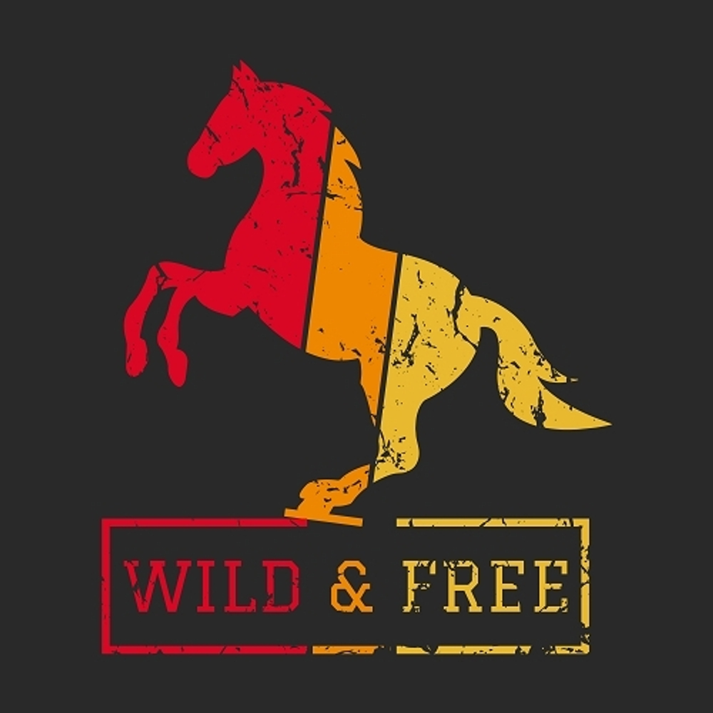 принт PewPewCat с лошадью Wild and free цветной для черной футболки