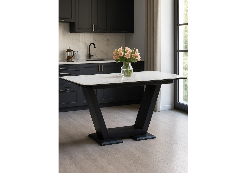 Керамический стол Woodville на тумбе Иматра 140(180)х80х76 белый мрамор, черный