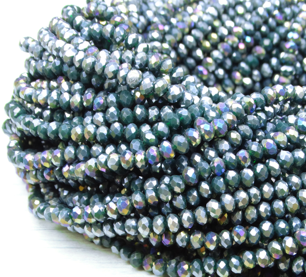 БН031ДС46 Хрустальные бусины "рондель", цвет: темно-зеленый AB непрозр, 4х6 мм, кол-во: 58-60 шт.