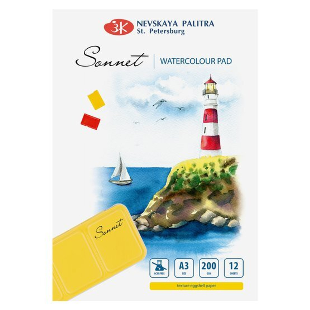 Альбом-склейка (склейка по 4-м сторонам) для акварели Sonnet, 200 г/м2, А3, 12 л, 100% целлюлоза, яичная скорлупа, англ. яз.